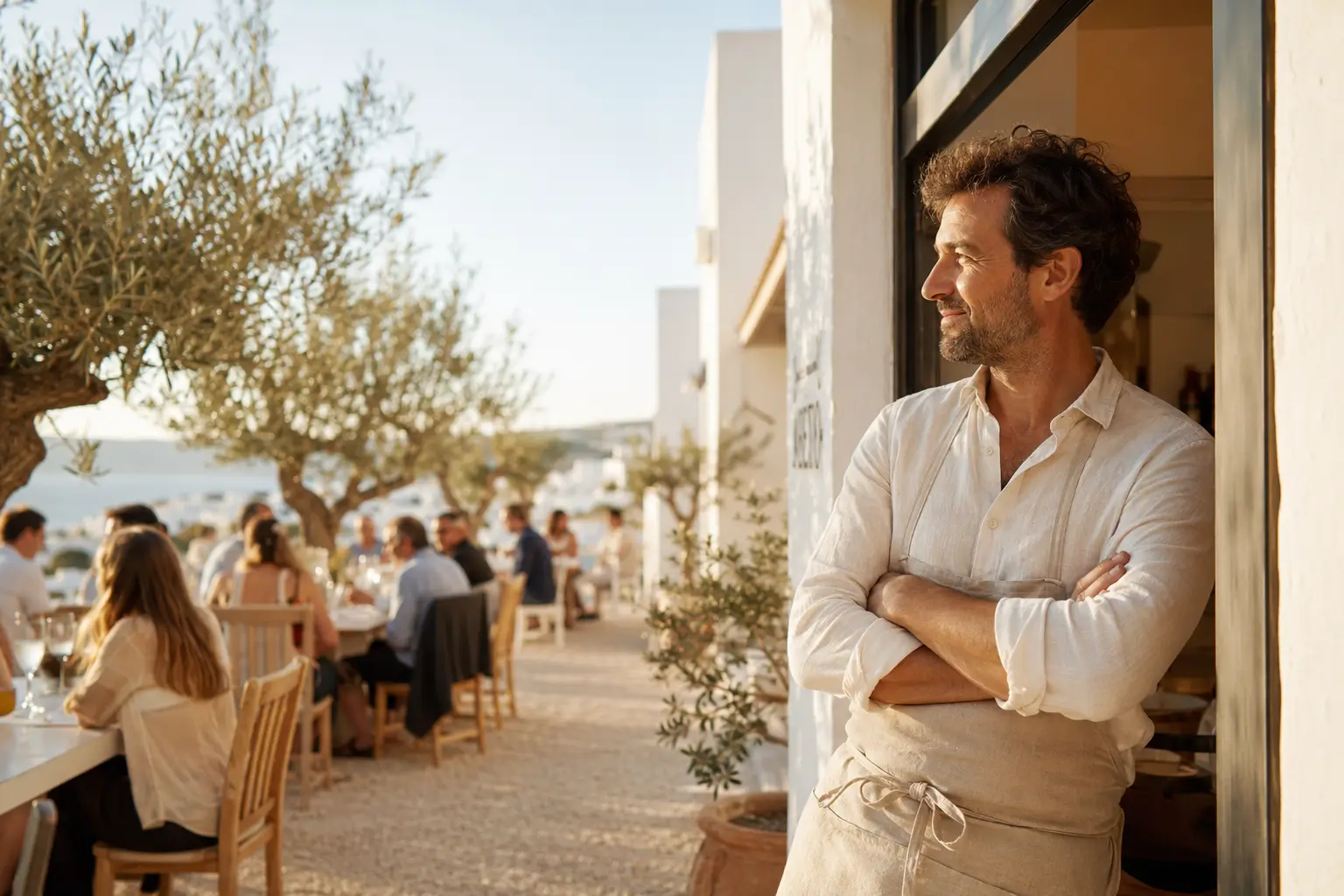 Propietario de restaurante delante de su local lleno